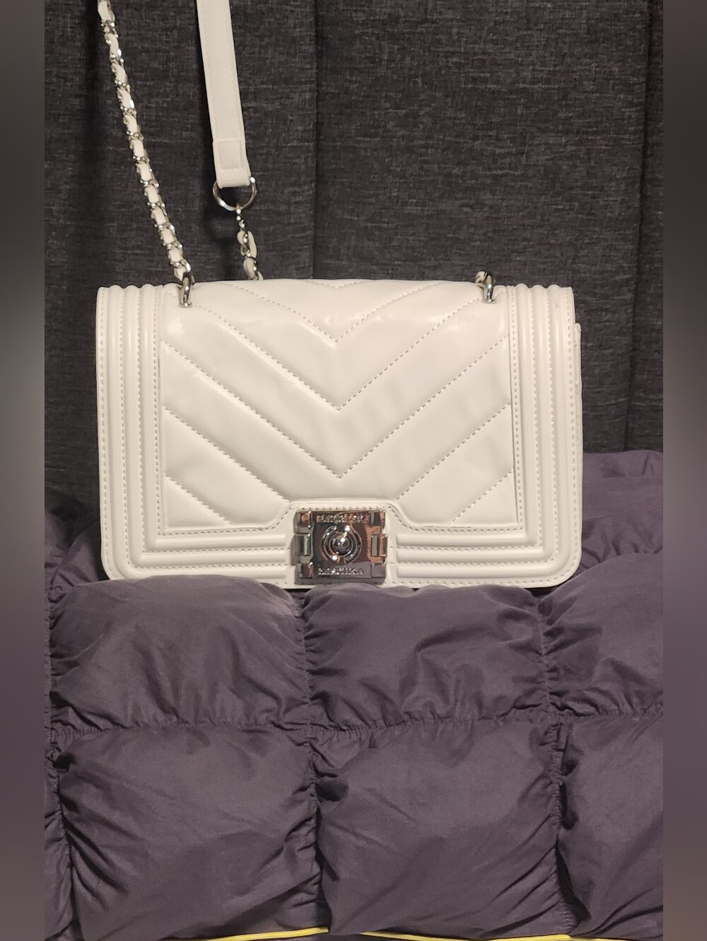 Badgley Mischka White Quilted Leather Crossbody with Chain Strap